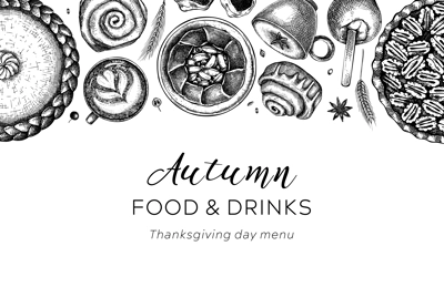 Autumn desserts banner on chalkboard. Thanksgiving dinner illustrations. Fall festival desserts, pies, cakes, drinks sketches. Sketched fall food background. Thanksgiving table black and white border.